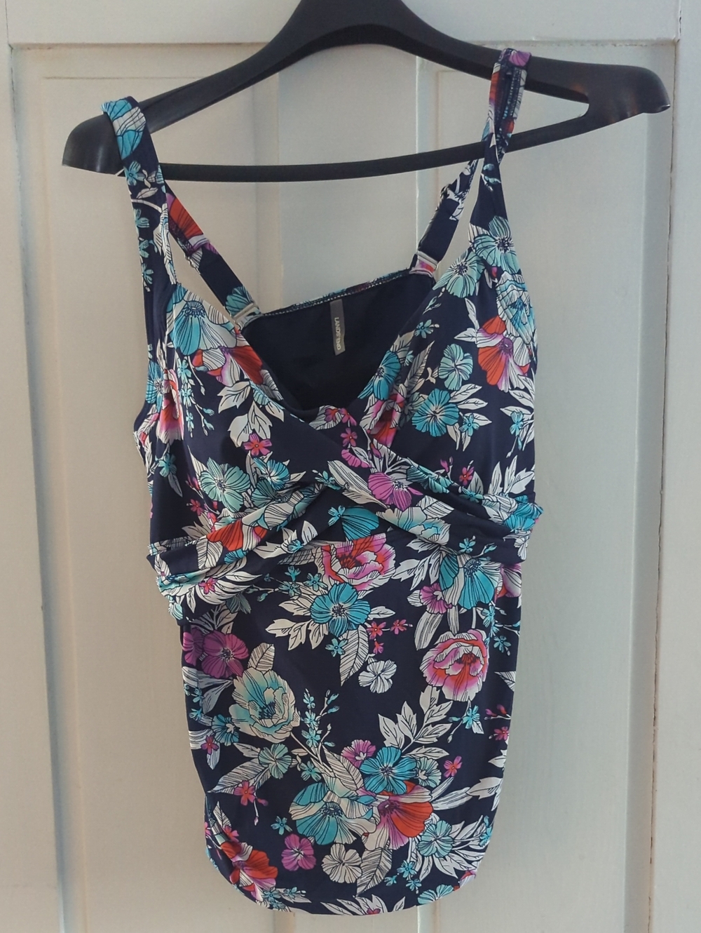 Lands' End Navy Floral Wrap-Front Swim Top with Adjustable Straps